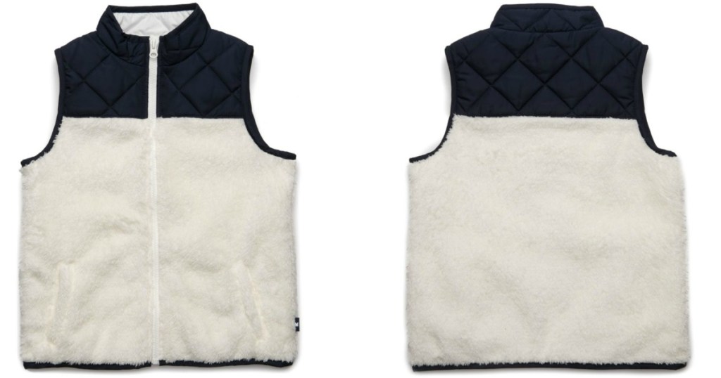 white background with vest that has navy on top and white on bottom