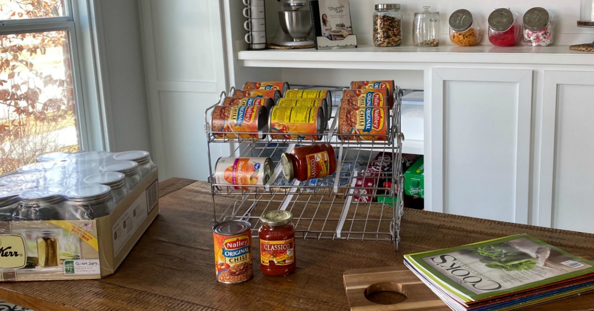 canned goods organizer sitting on counter in pantry 