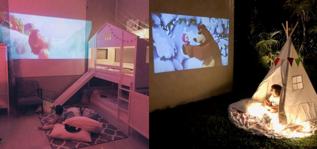 side by side photos of kids watching tv shows on projector