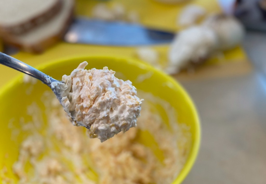 fork with cheese and cream on it from yellow bowl in background