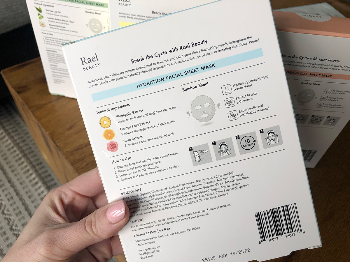 back of the box of rael beauty hydration facial mask