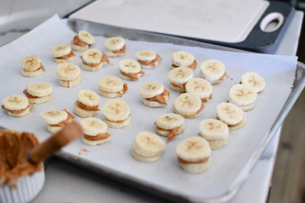 sheet pan with peanut butter bananas