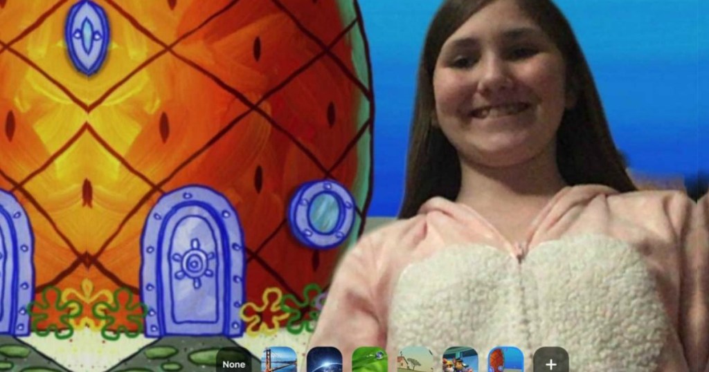 girl in front of digital Spongebob background