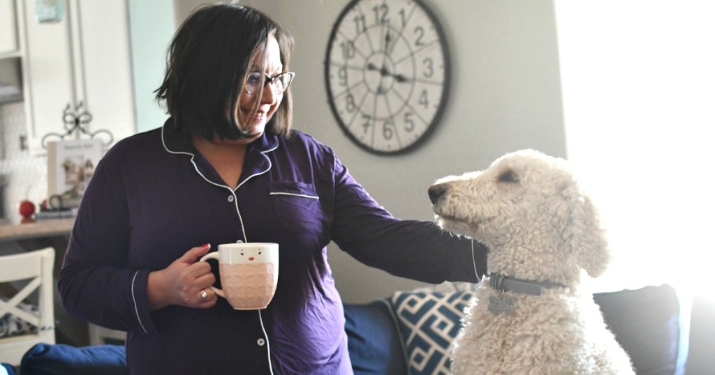 woman drinking coffee in pajamas