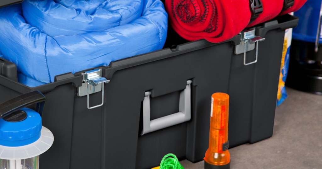 16-gallon sterilite storage trunk with camping gear