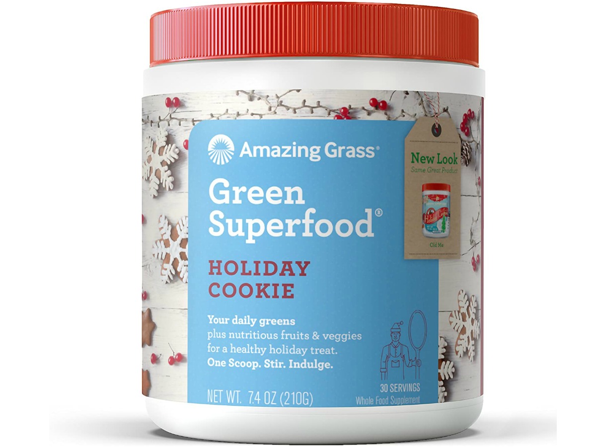 Large tub of sugar cookie flavored green superfood powder