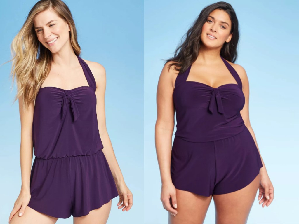two women wearing purple Aqua Green Women's Swim Romper
