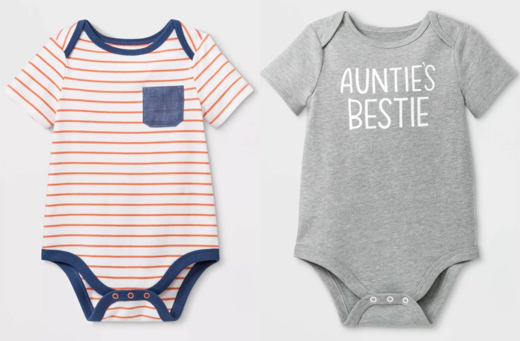 baby body suit with red and white stripes and blue trim and grey with auntie's bestie written on it