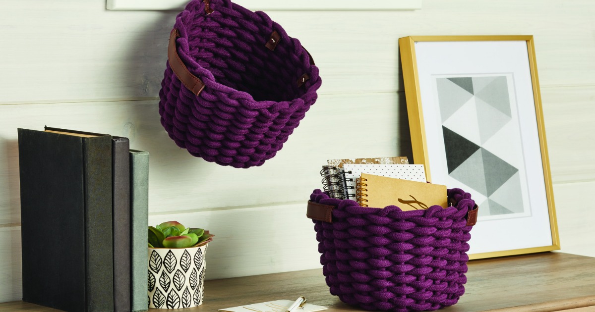 Red storage baskets on display in room