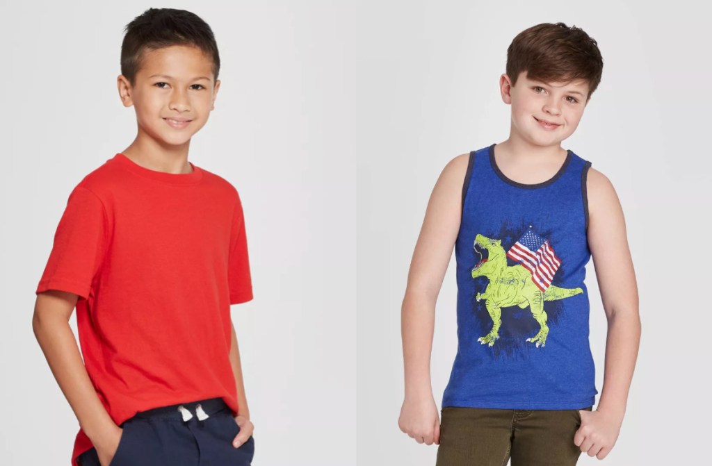 boy wearing red t shirt and one wearing tank top with american flag and dinosaur on it from target