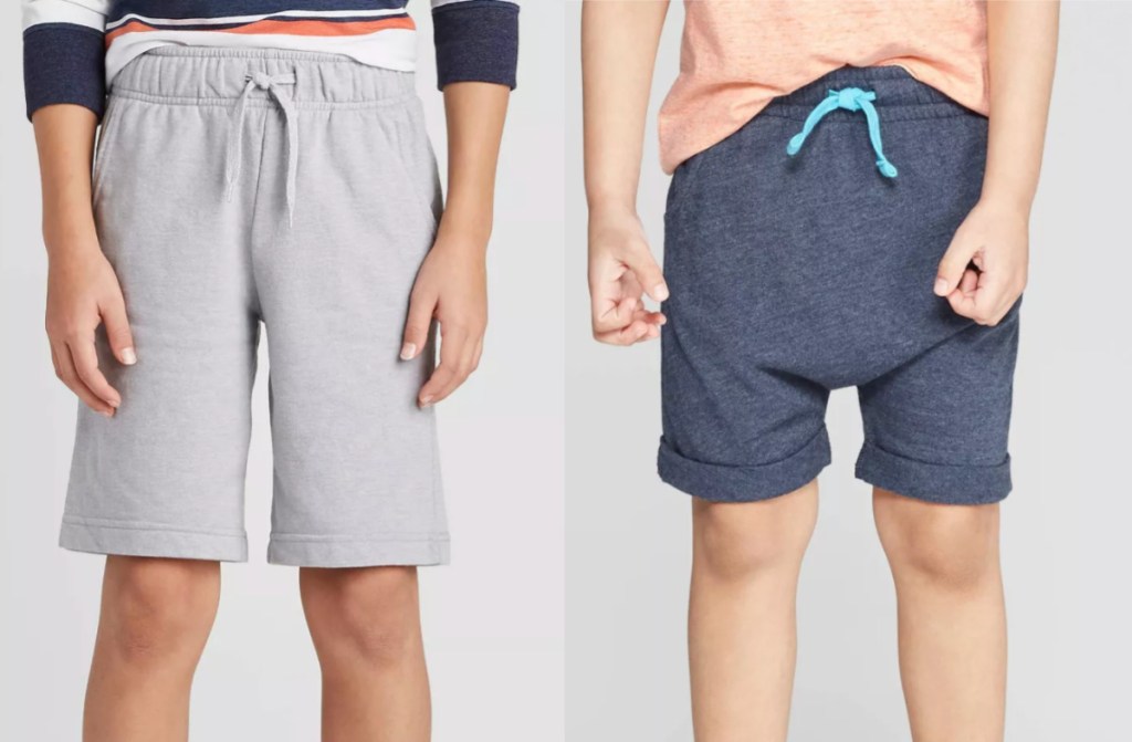 boys light grey pull on shorts and toddlers dark blue pull on shorts