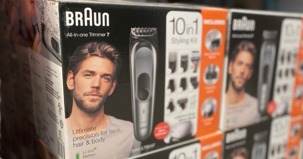 Braun all-in-one trimmer boxes stacked in store