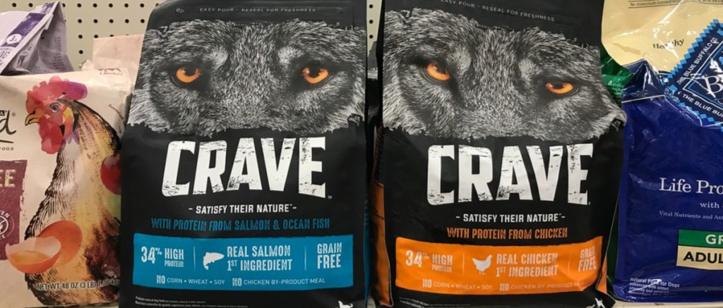 Crave dog food bags on store shelf