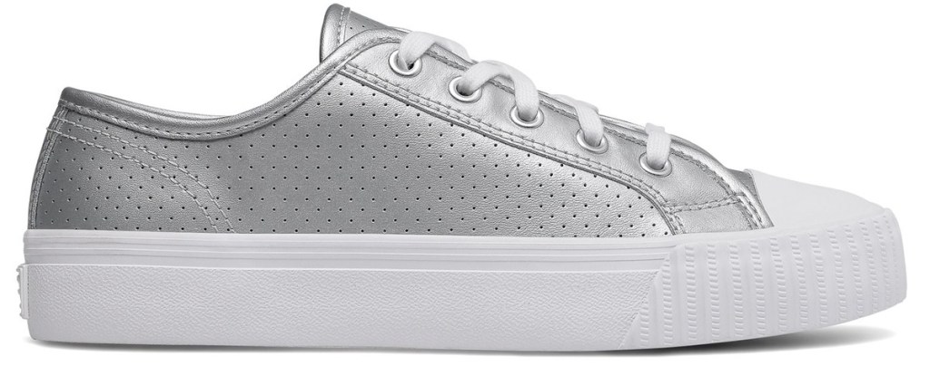 metallic silver sneaker with whole rubber toe and sole