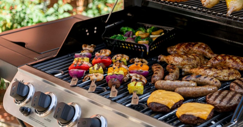 Char-Broil Performance 6-Burner Gas Grill with food on it