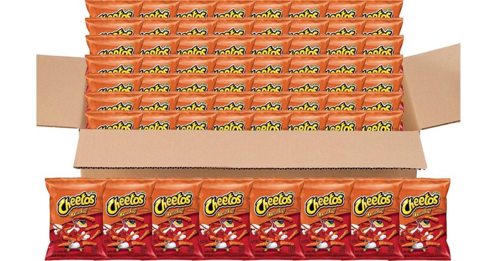 sixty-four snack size bags of cheetos in a box