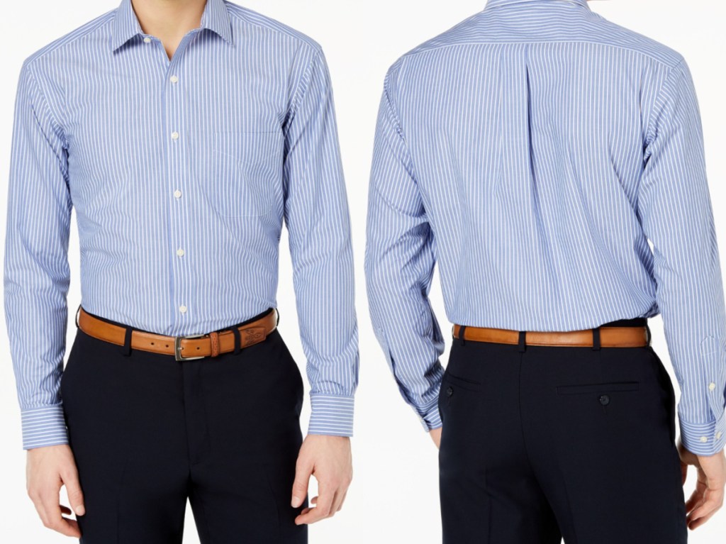 man in black pants and white and blue stripe dress shirt