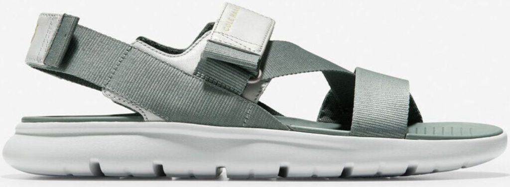 Gray strappy sandal with white sole