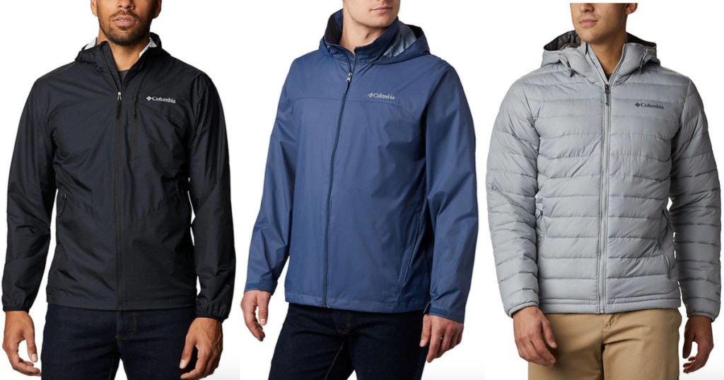 3 men wearing Columbia rain and winter jackets