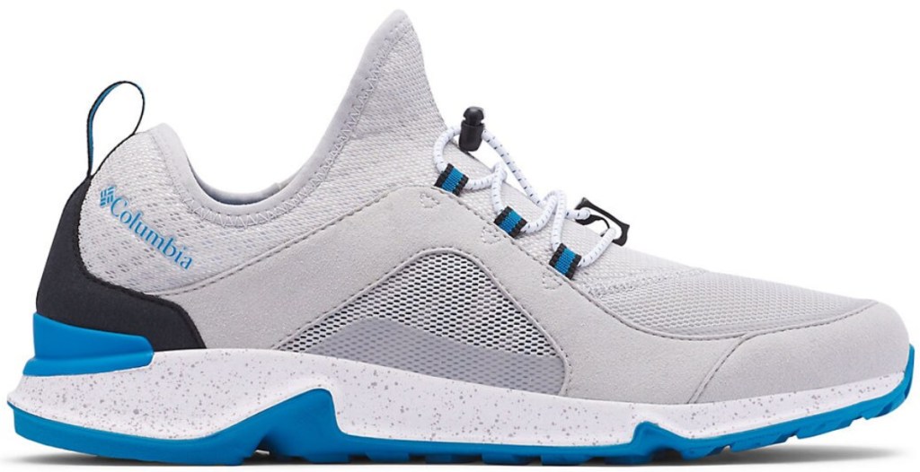 whie blue and black shoes with Columbia on upper back side