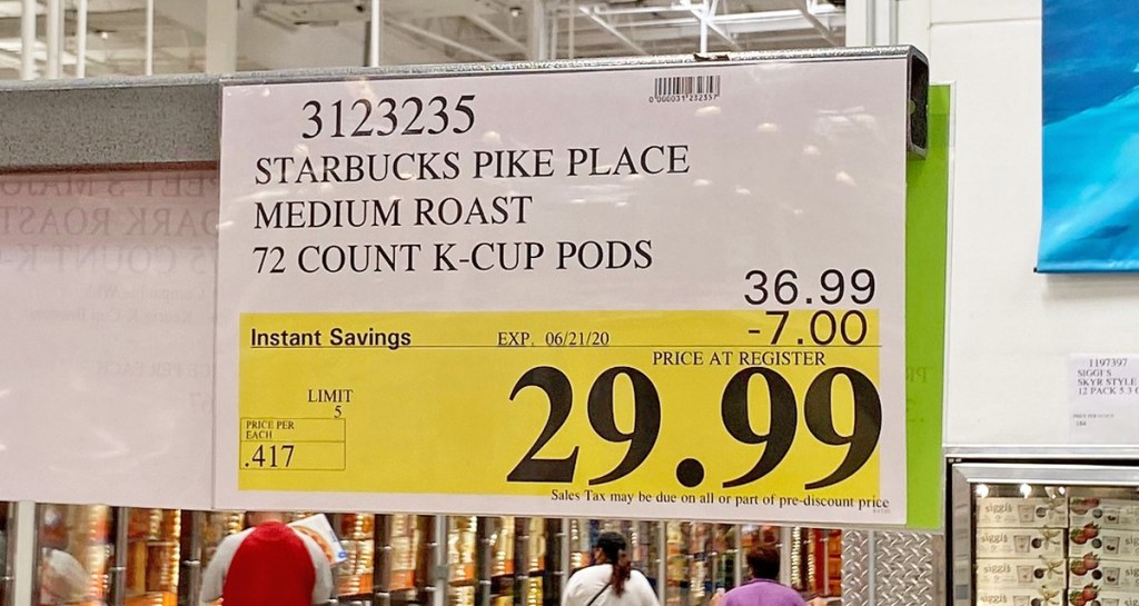 costco sale sign for starbucks pike place k-cups on sale for $29.99