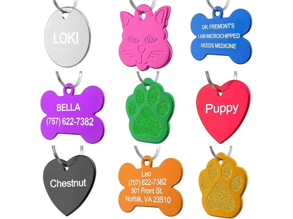 Nine colorful custom pet ID Tags