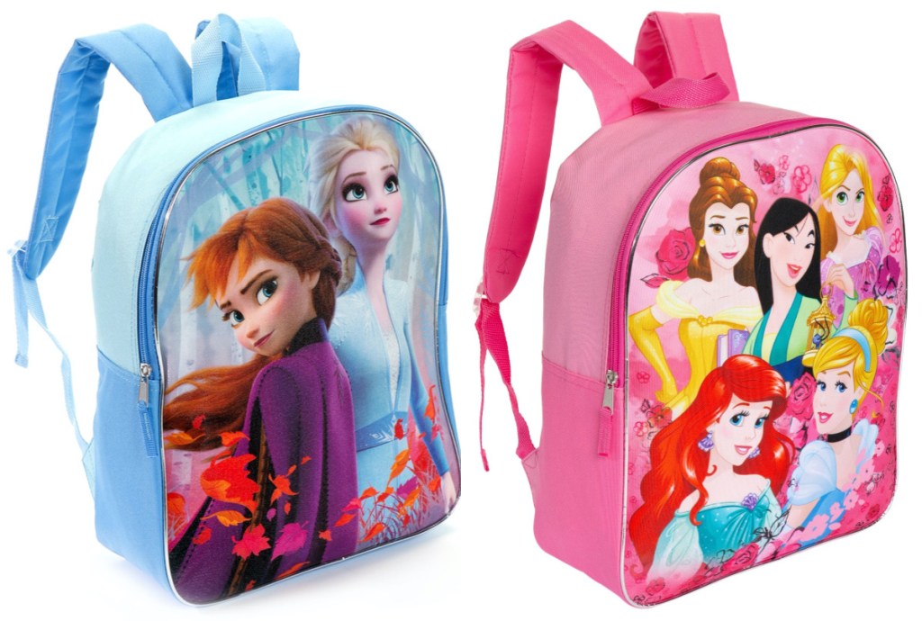 Disney blue Frozen 2 backpack and Disney pink Princess backpack