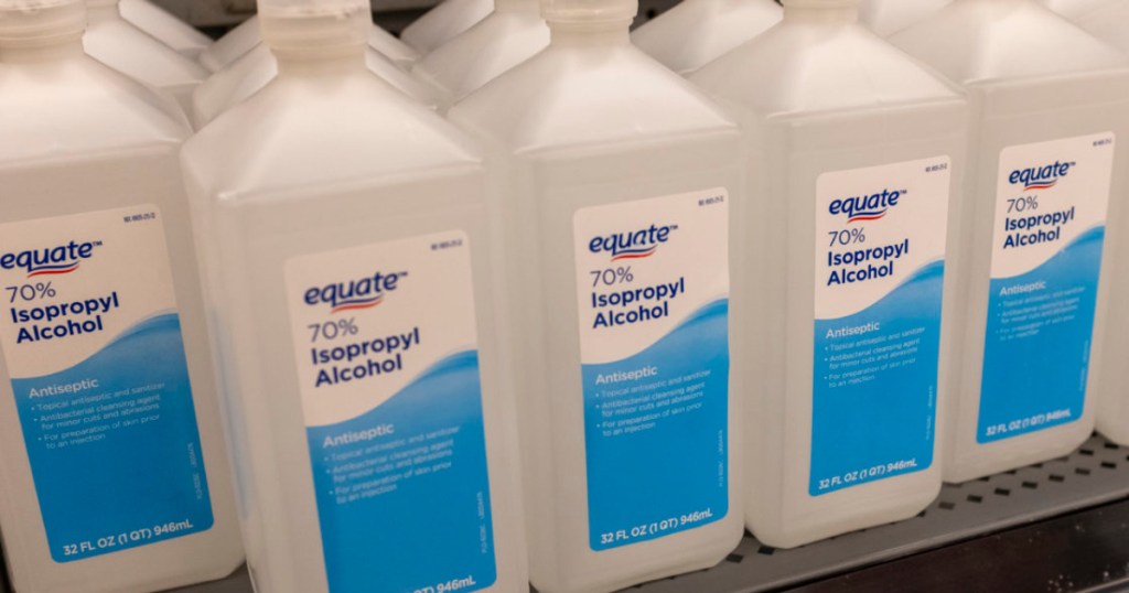 bottles of isopropyl alcohol on store shelf