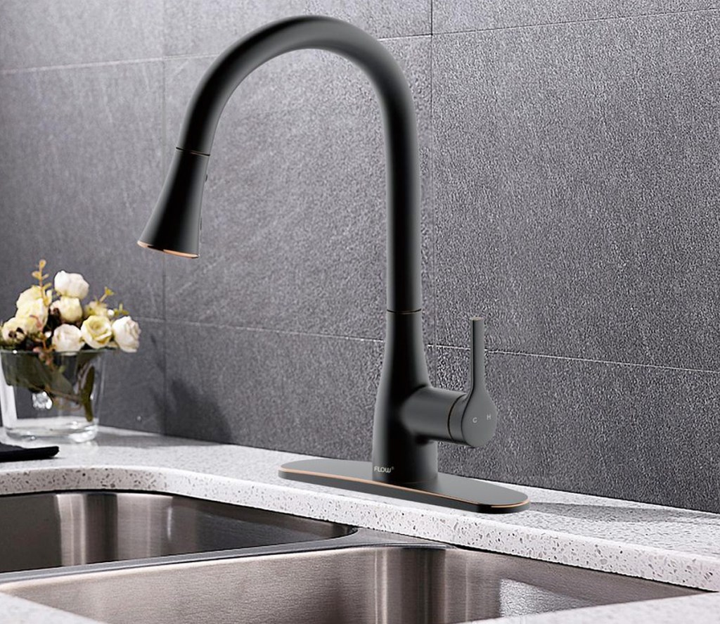 kitchen faucet with dark brown finish