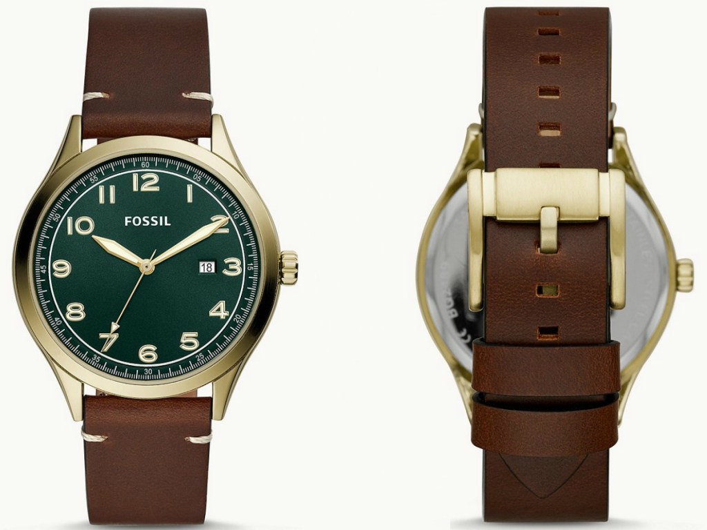 Men's brown leather watch front and back view