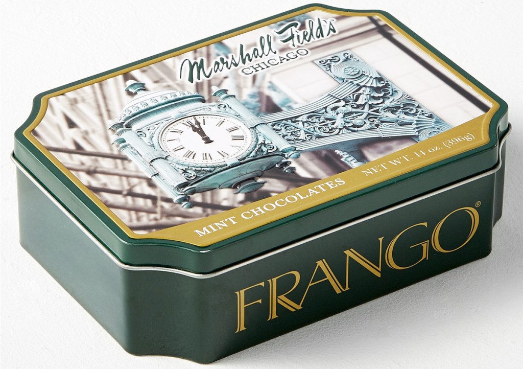 tin of frango brand chocolates with image of chicago printed on lid