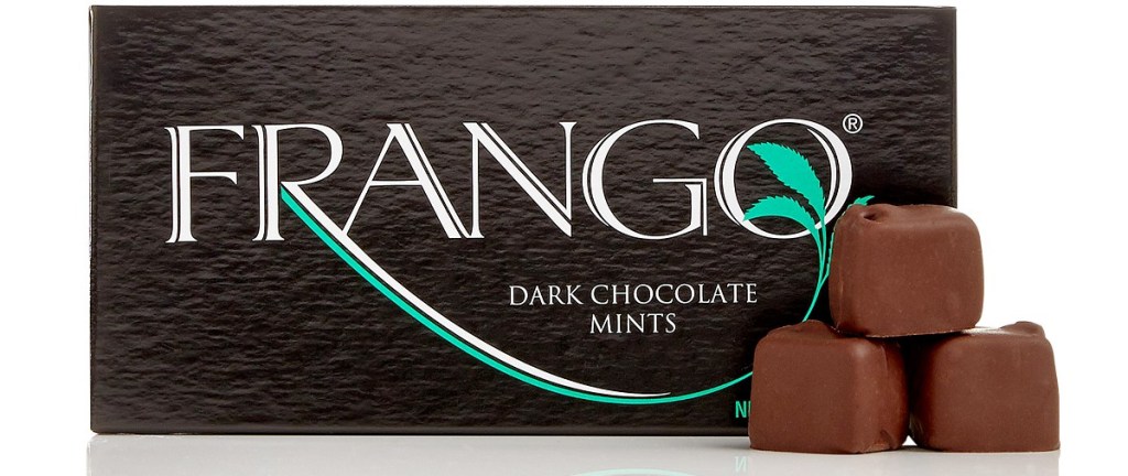 frango dark chocolate mints in brown box with three chocolates stacked in front