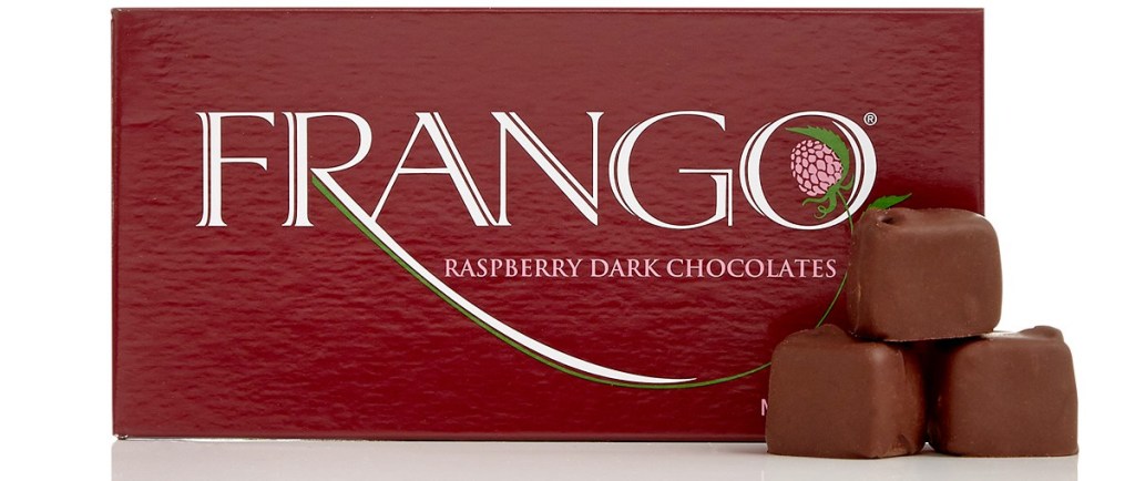 frango raspberry chocolates in dark red box with three chocolates stacked in front