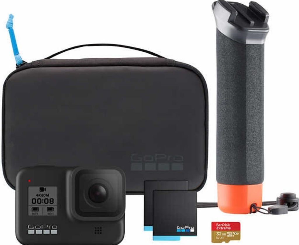 GoPro camera bundle with case, extra battery, memory card, and handler stick