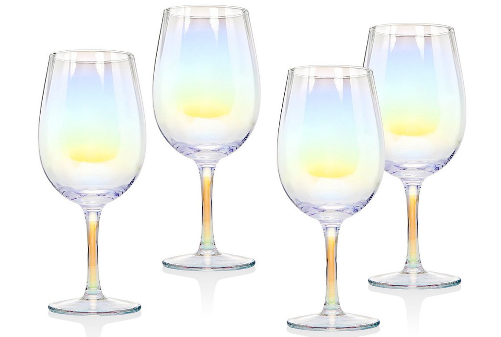 set of four wine goblets with rainbow tint