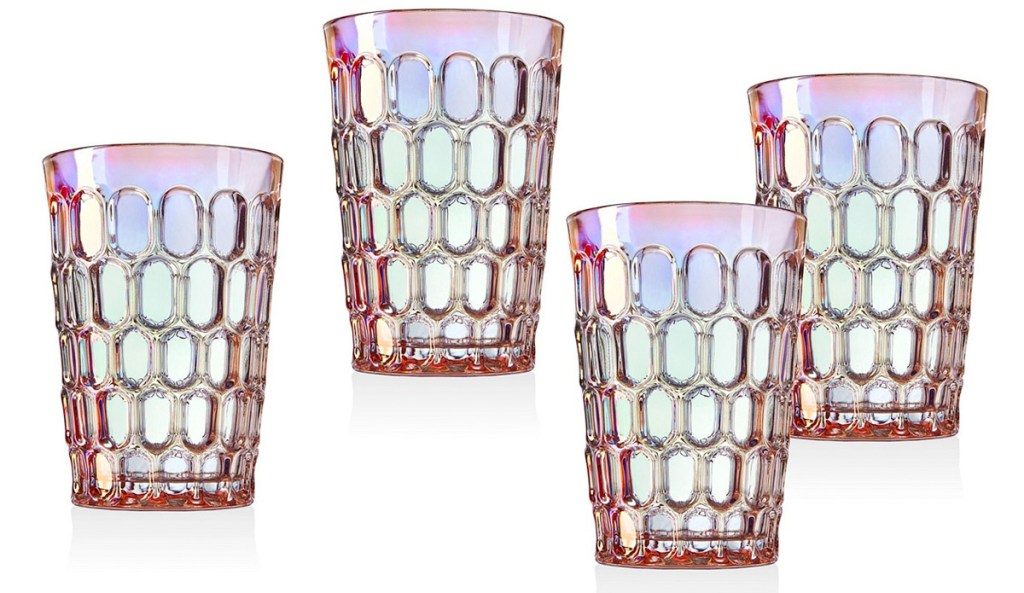 set of four glass tumblers with honeycomb design and rainbow tint