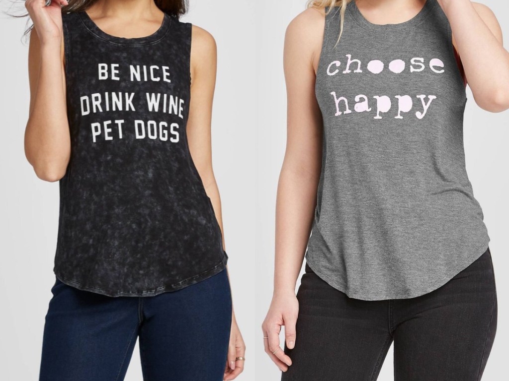 woman in black graphic tank and woman in grey graphic tank