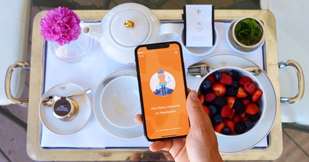 hand holding headspace app with food tray and bowl of berries