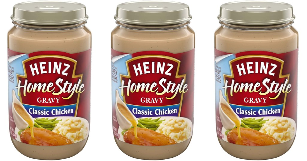 3 jars of heinz classic chicken gravy lined up together