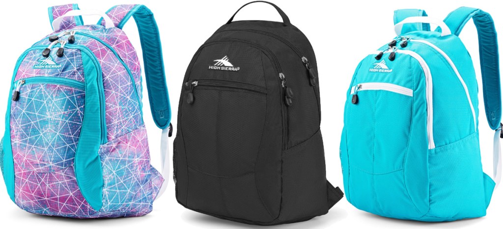 three backpacks with a curve top zipper, in pink and blue geometric print, plain black, and bright teal colors