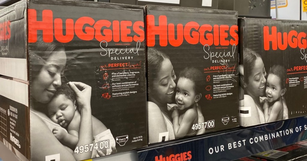 multiple Huggies Special Delivery Boxed Diapers sitting on store shelf