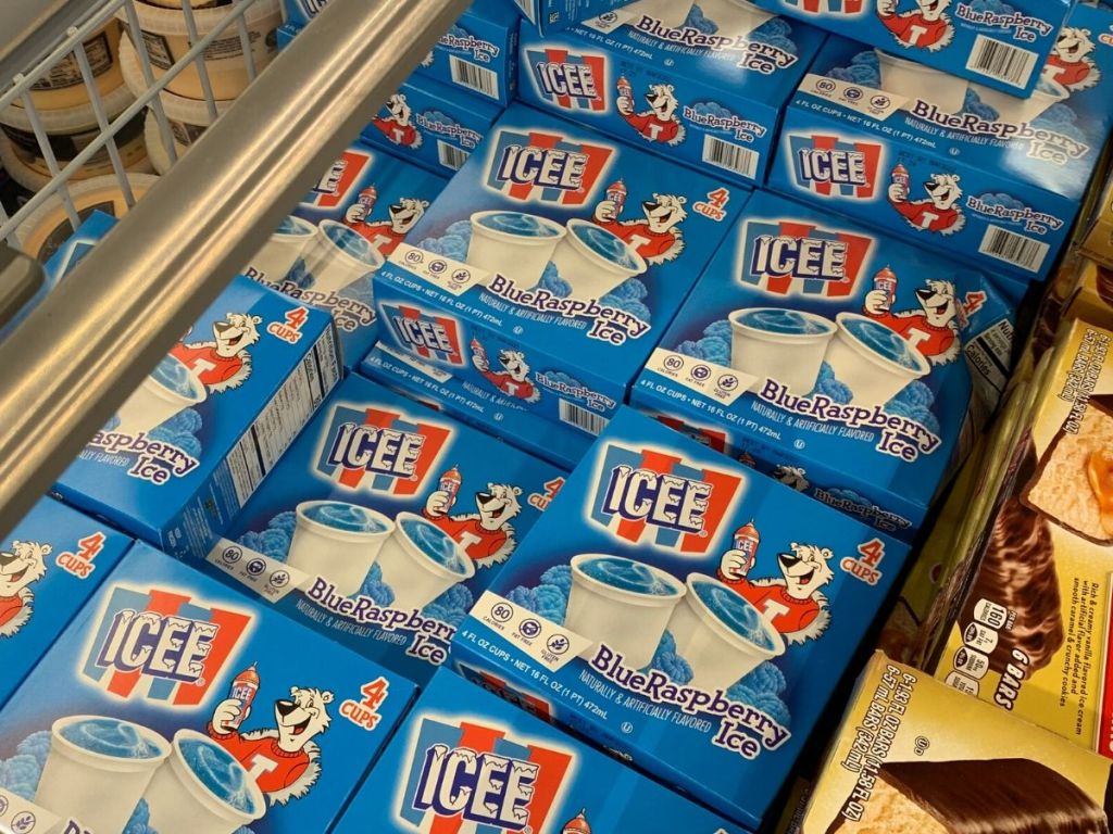 frozen food cooler at store filled with ice cream and frozen treats 