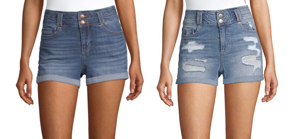 two women modeling denim shorts with rolled cuffs