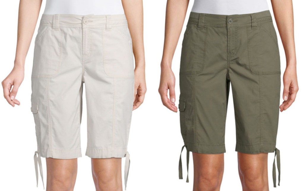 two women modeling bermuda shorts with ties at bottom in cream and olive green colors