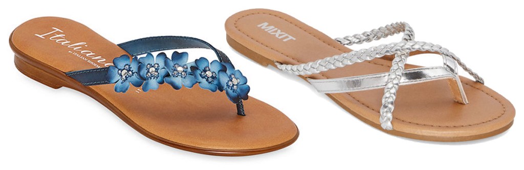 blue womens sandal with flowers on strips and silver braided strap sandal