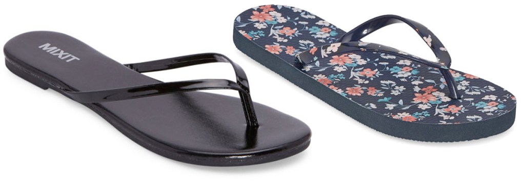 pair of womens black flip-flops and floral printed flip-flops