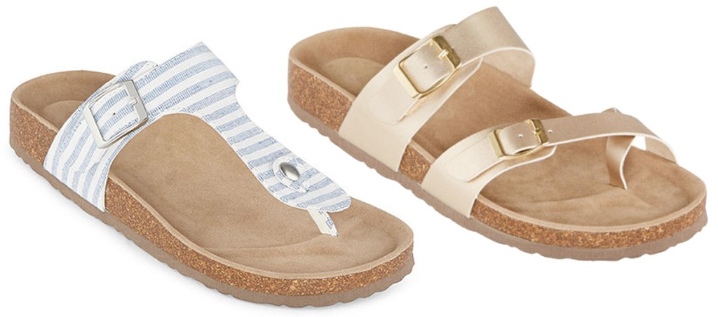 two pairs of womens footbed sandals in white abd blue stripes and metallic gold