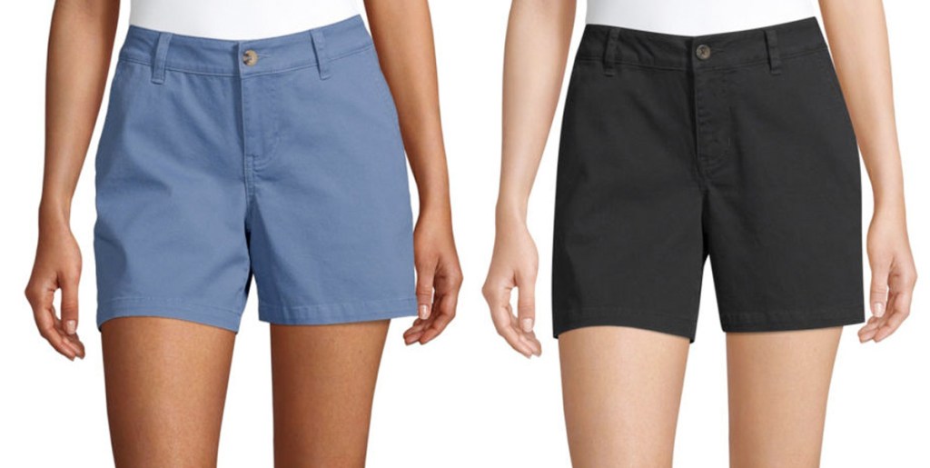 two women modeling chino shorts in solid blue and black colors