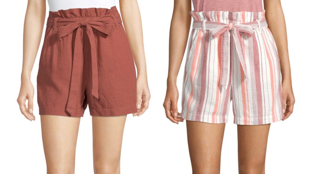 two women modeling shorts with bow ties at waist in burnt orange color and pink and white strips