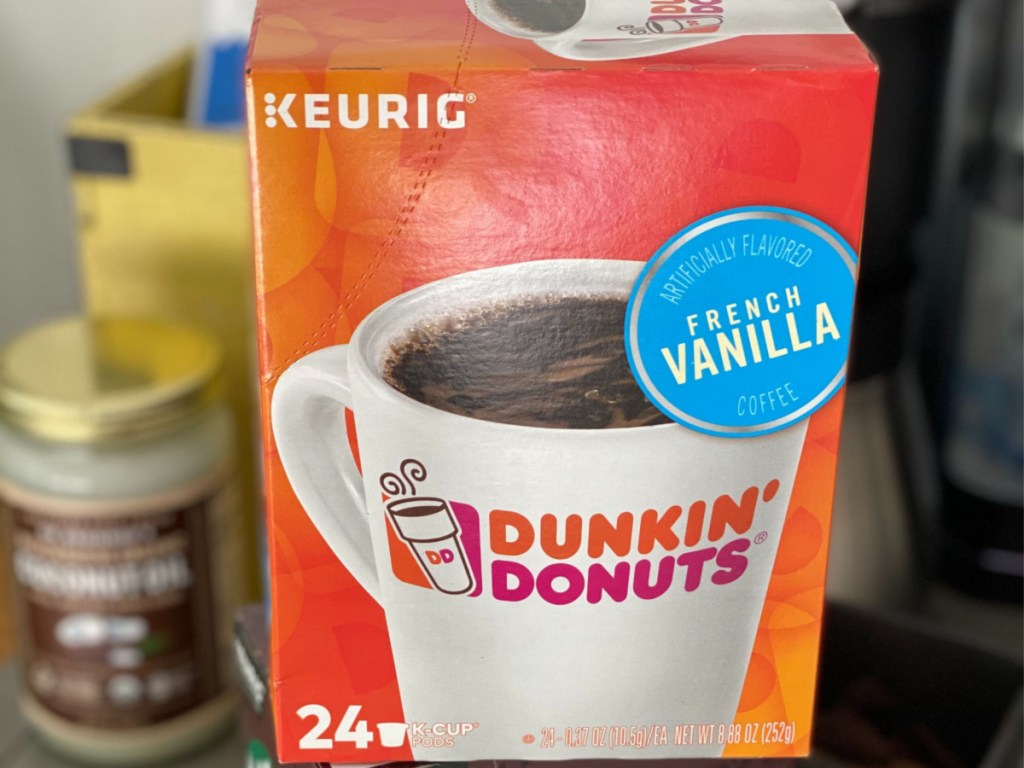 box of Dunkin Donuts coffee pods in home